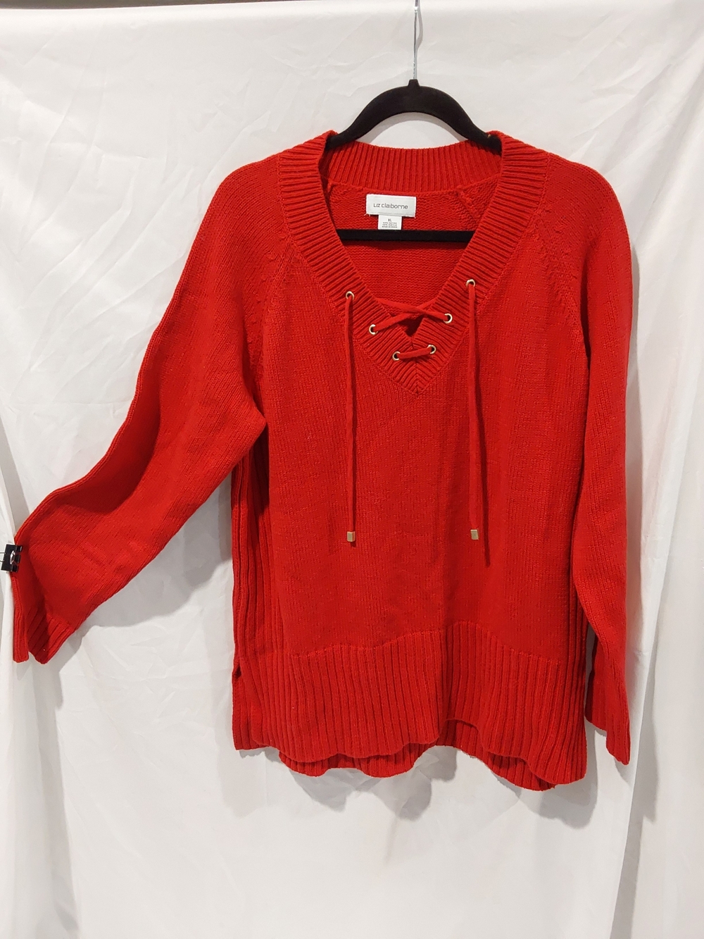 Liz Claiborne Lace-Up V-Neck Sweater in Bright Red